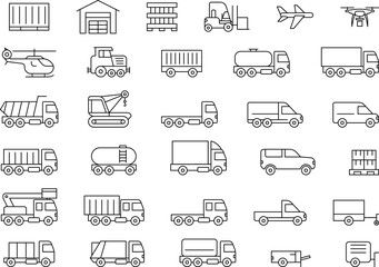 Commercial vehicles line icon set. Pictograms collection of container, pallet, forklift, plane, drone, helicopter, train, cargo truck, warehouse.