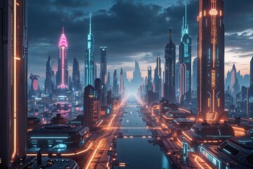 Futuristic Urban Metropolis: A Sci-Fi Cityscape with Neon Skyline and Advanced Technology