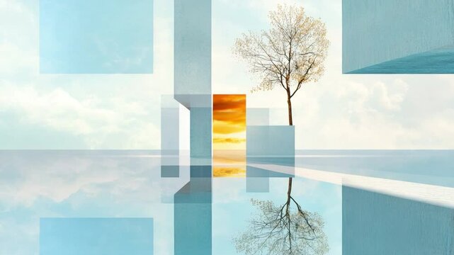 Nature's Reflection: A solitary tree, its silhouette mirrored in serene waters, stands framed within a modern architectural design, evoking a sense of balance and tranquility.