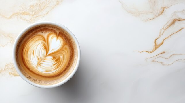 This image features a beautifully crafted coffee in a white cup showcasing intricate latte art with heart designs that evoke warmth and comfort for coffee lovers.