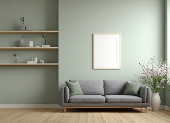 Minimalist interior of a living room with a grey sofa near a shelf and an empty frame on a light green wall, with a white wooden floor. Scandinavian home decor design concept, the winner