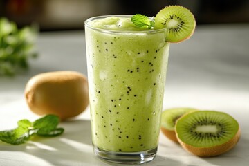 Refreshing kiwi smoothie in a tall glass, garnished with mint and kiwi slices.