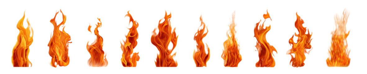 Naklejka na ściany i meble Set of vertical fire flames, various shapes and sizes, isolated on a Transparent background, PNG file. background