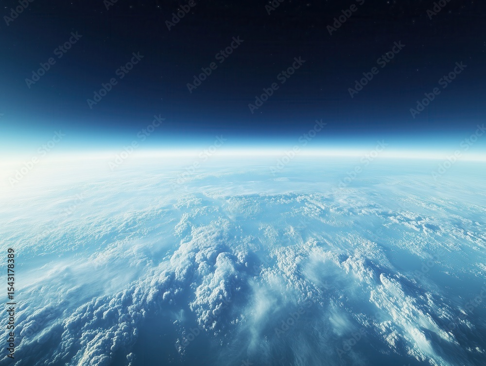 Wall mural curved horizon of planet earth seen from space with atmospheric blue glow and soft cloud coverage