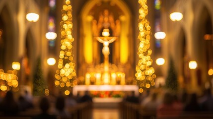 Fototapeta premium blur vibrant and festive catholic church during what appears to be christmas time. the interior of the church is decorated with numerous illuminated christmas trees, which add a warm glow to the space