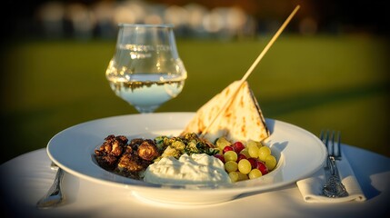 Outdoor dining platter with a glass of wine.  A gourmet platter featuring grilled skewers, pita bread, a creamy sauce, and grapes, all served on a white plate, 