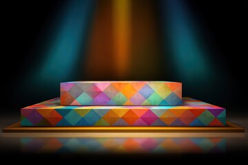 A colorful, geometric podium is illuminated by dramatic spotlights on a dark stage, creating a vibrant and modern display scene