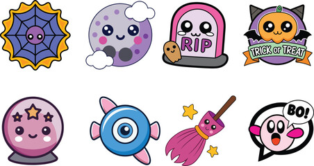 Fototapeta premium .Cute Kawaii Cartoon Halloween Character Sticker Set.Cute Kawaii Cartoon Halloween Character Sticker Set Adorable Spooky Graphics Collection new 2025 trendy