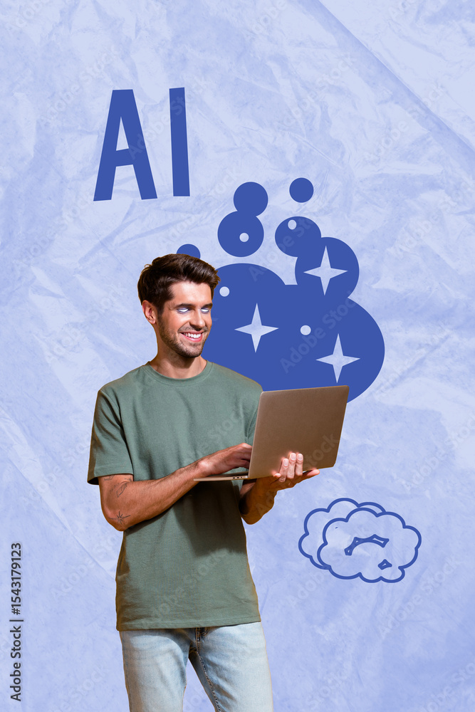Poster Creative trend artwork design 3D collage sketch of data bot cyberspace support young man smile eyes blind hold laptop coder programmer ai