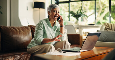 Senior woman, laptop or phone call in home for annuity fund query, tax planning or online...