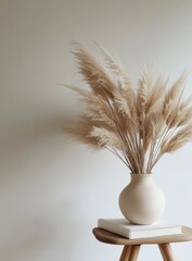 Beige pampas grass in a light beige vase, styled on a wooden stool against a light beige wall