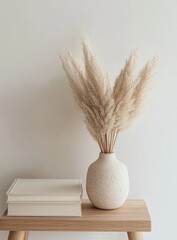 Naklejka premium Beige pampas grass in a speckled vase sits on a light wooden stool beside books