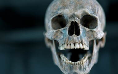 Close-up of a weathered human skull with detailed bone structure