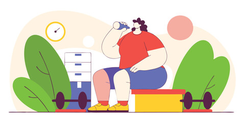 Woman Hydrating After Workout Sitting on a Bench with Exercise Equipment