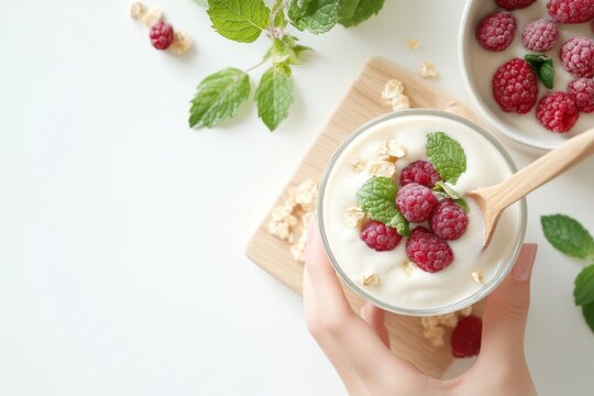 the scene is a bright, overhead shot of a hand holding a glass filled with thick, white substance, topped with several red berries, and fresh green leaves, with grains scattered on