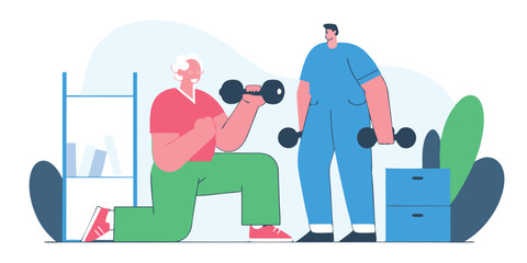Senior woman working out with personal trainer at home, lifting weights