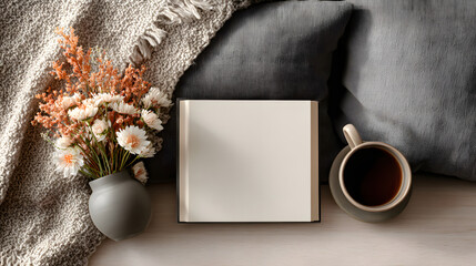 Blank book mockup on coffee table with decorations and colorful rug. Template book cover