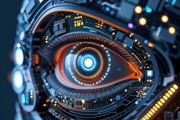 Close-Up of an Advanced Robotic Eye Featuring Integrated Circuitry and Cybersecurity Monitoring Frameworks