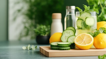 a refreshing beverage, featuring a glass filled with liquid and round slices of a green vegetable, complemented by sprigs of fresh herbs