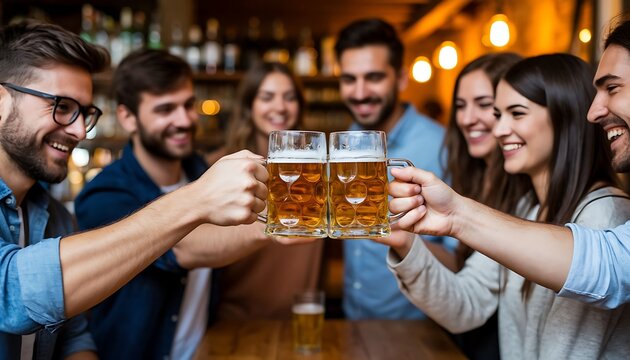 A group of diverse young adults cheers with beer mugs in a cozy bar setting. The atmosphere is lively and festive, with warm lighting and wooden decor.