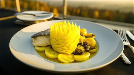 Elegant, plated dish of fish and sculpted yellow vegetables