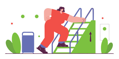 A woman in red climbing bright green stairs with blue handrails