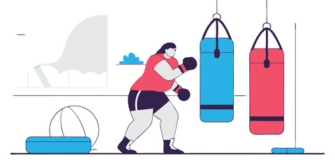 Illustration of a Female Boxer Training with Punching Bags in a Gym