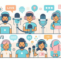 Audio Podcast Cartoon Vector with Broadcasting Characters

