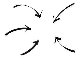 Obraz premium Black arrows pointing toward the center, isolated on a transparent background