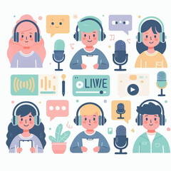 Fototapeta premium Cartoon Characters Recording Podcast and Live Streaming Vector Illustration
