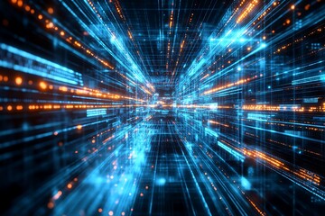 Fototapeta premium Futuristic Technology Concept with Digital Data Stream and Glowing Light Rays