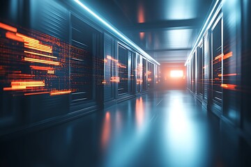 Data center corridor with server racks and data streams for futuristic technology concept