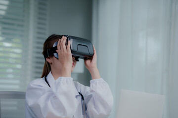 A female medical professional in a lab coat and stethoscope uses a VR headset, interacting with virtual reality in a futuristic healthcare setting.