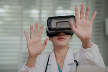 A female medical professional in a lab coat and stethoscope uses a VR headset, interacting with virtual reality in a futuristic healthcare setting.