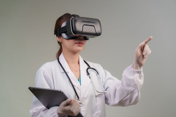 A gloved medical professional in a lab coat and stethoscope wears a VR headset, immersed in a...