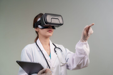 A gloved medical professional in a lab coat and stethoscope wears a VR headset, immersed in a...