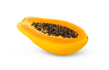 Half of orange fresh papaya fruit with seeds isolated. 