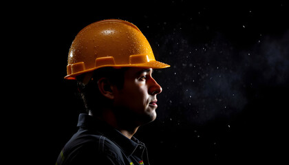 Construction worker in yellow hard hat with profile view on black background  