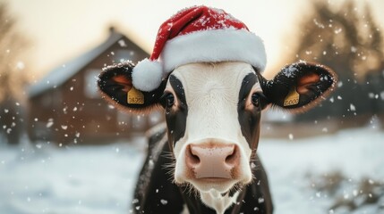 A charming cow wearing a Santa hat stands in a snowy landscape, bringing a festive and joyful atmosphere to the winter scene with playful charm.