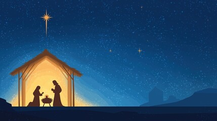 Starry Night: A silhouette scene depicting the nativity with a bright star shining above, set against a vibrant and magical night sky, bringing the Christmas story to life.