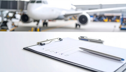 Organized Desk with Clipboard, Pens, and Airplane Wing Hinting at Aviation