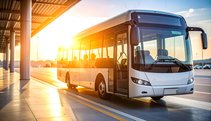 Modern Passenger Bus at Sunset Bus Stop Reflecting Warm Light