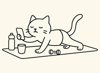  Funny Line Art Lazy Cat Doing Yoga While Looking at Phone