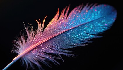 Vibrant iridescent feather with colourful glitter isolated on black background. Rainbow gradient colours, sparkle texture. Art, design, digital art for decoration, fashion, beauty.
