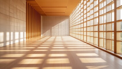 Empty modern space, sunlit through gridded windows
