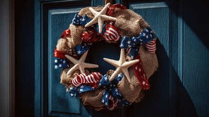 A close up of a handmade wreath decorated with stars and stripes for the fourth of July.