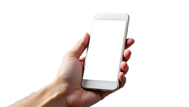 hand holding a modern smartphone, isolated on transparent background—ideal for tech, communication, and mobile app designs.
