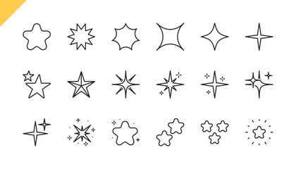 Stars icon set. Sparkle sign. Sparks / Shine / Galaxy / Starburst icons. Design flat shiny elements, shapes for a poster, banner, background, stickers. Editable stroke. Vector illustration.