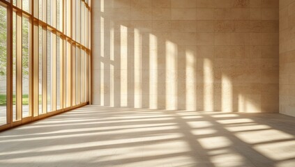 Obraz premium Sunlight streams into a modern, light-filled interior space with large windows and light beige walls