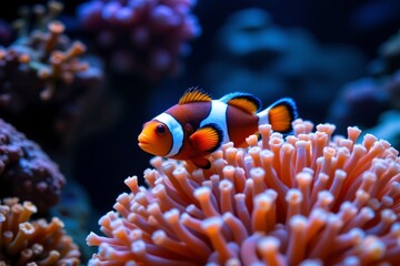 clownfish and anemone under radiant glow, crimson tones, photo use, 4k sharp professional photo.